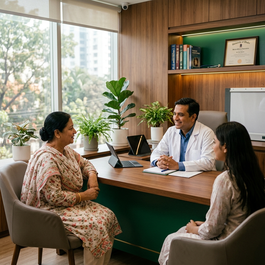 Dr. Asif Tauseef consulting with a patient family at Ali Family Clinic